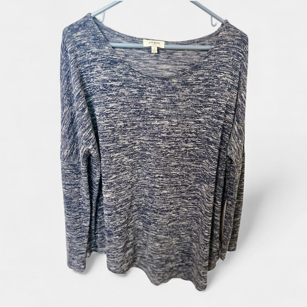 Umgee S Blue White Heathered Knit Asymmetrical Sharkbite Hem Tunic Top Boho